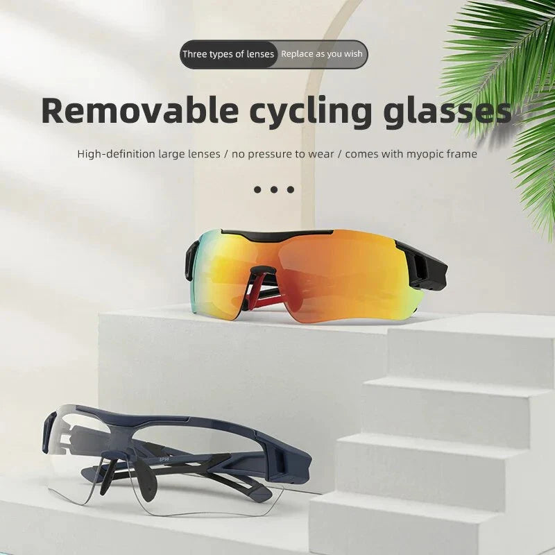 Polarized sports cycling sunglasses with interchangeable lenses in various colours
