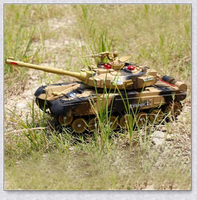 Remote-controlled military tank with flexible tracks, realistic sound effects, and firing simulation for thrilling battles and outdoor adventures
