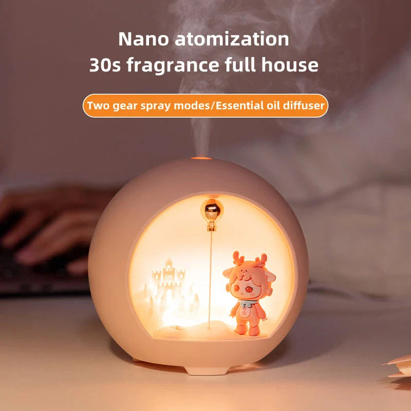 Charming Aromatherapy Lamp and USB Mini Air Humidifier with soft, soothing lighting and mist for a calming, magical atmosphere.