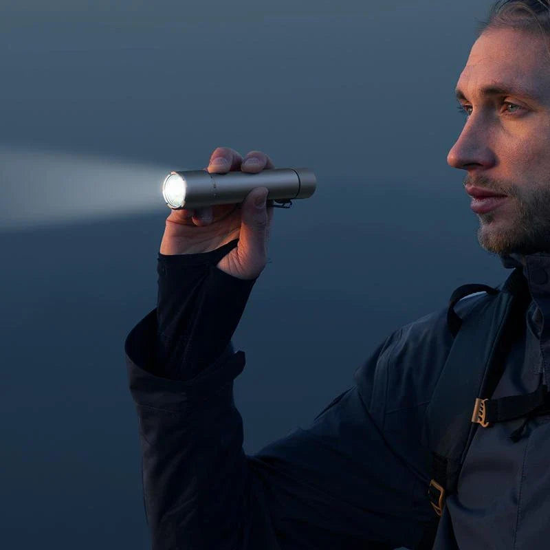 Powerful 2300 lumens tactical flashlight with durable aluminium alloy construction, waterproof design, and versatile functionality for outdoor activities and self-defence.