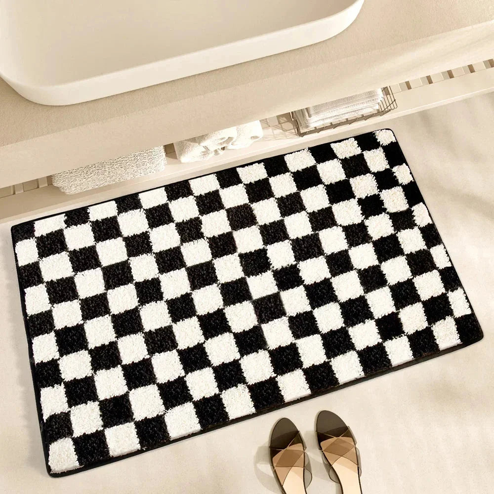 Black and white grid bathroom mat with absorbent and non-slip features for UK homes