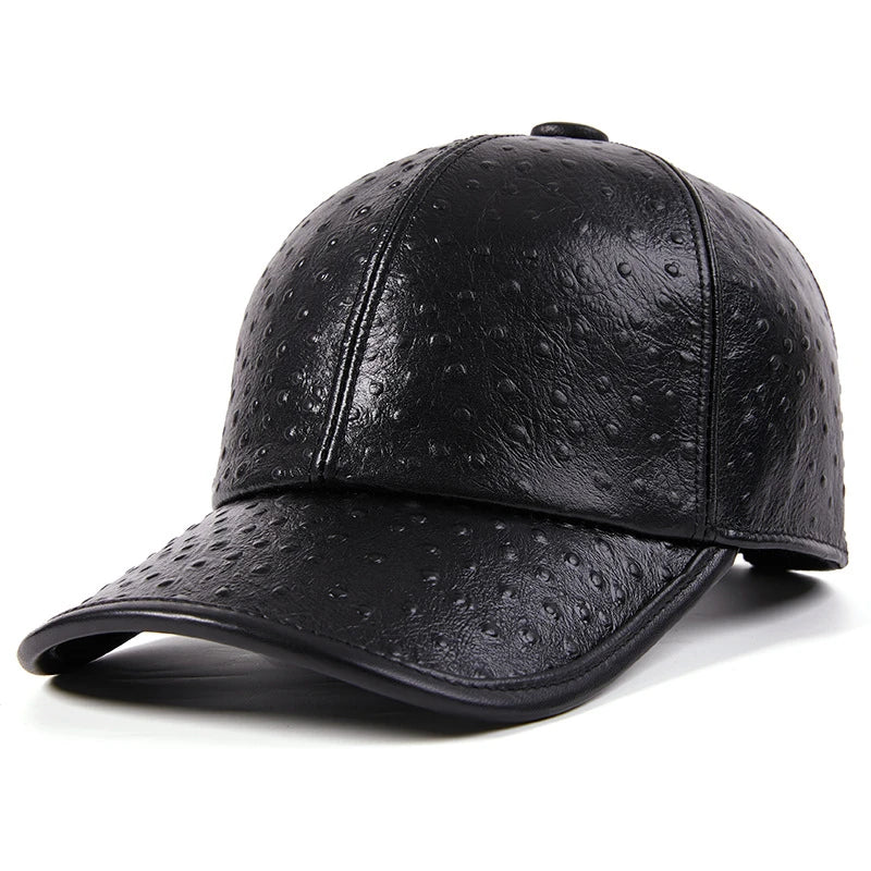 A stylish men's baseball cap made from warm, first-layer cowhide leather with an eye-catching ostrich pattern design.