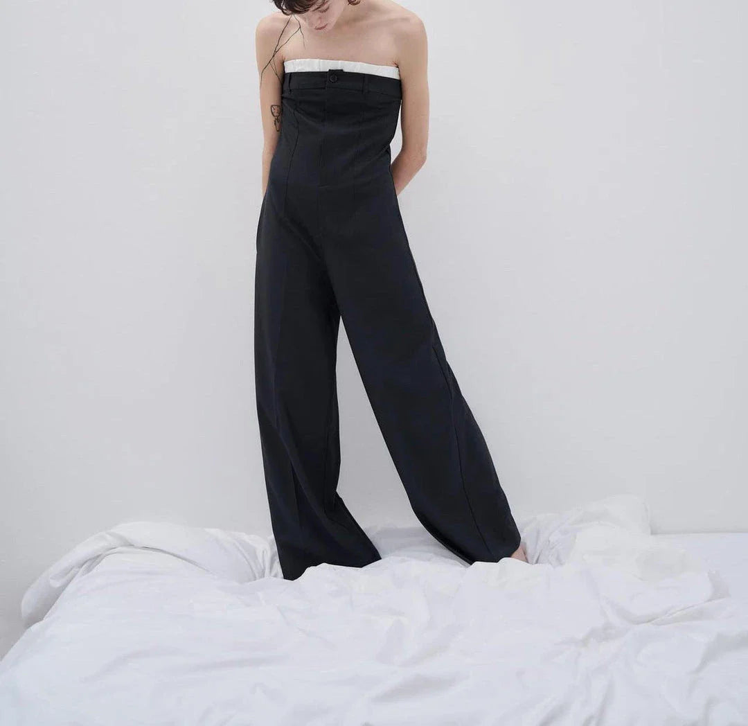 Trendha Contrast Stitching Tube Top Jumpsuit in Sea Blue, featuring raglan sleeves, wide legs, and a shawl neckline design