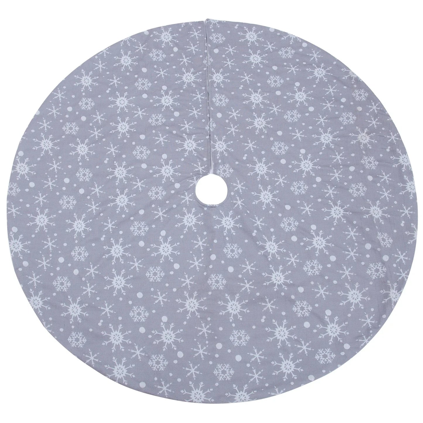 Premium grey background tree skirt with delicate white snowflake patterns, perfect for traditional British Christmas decor