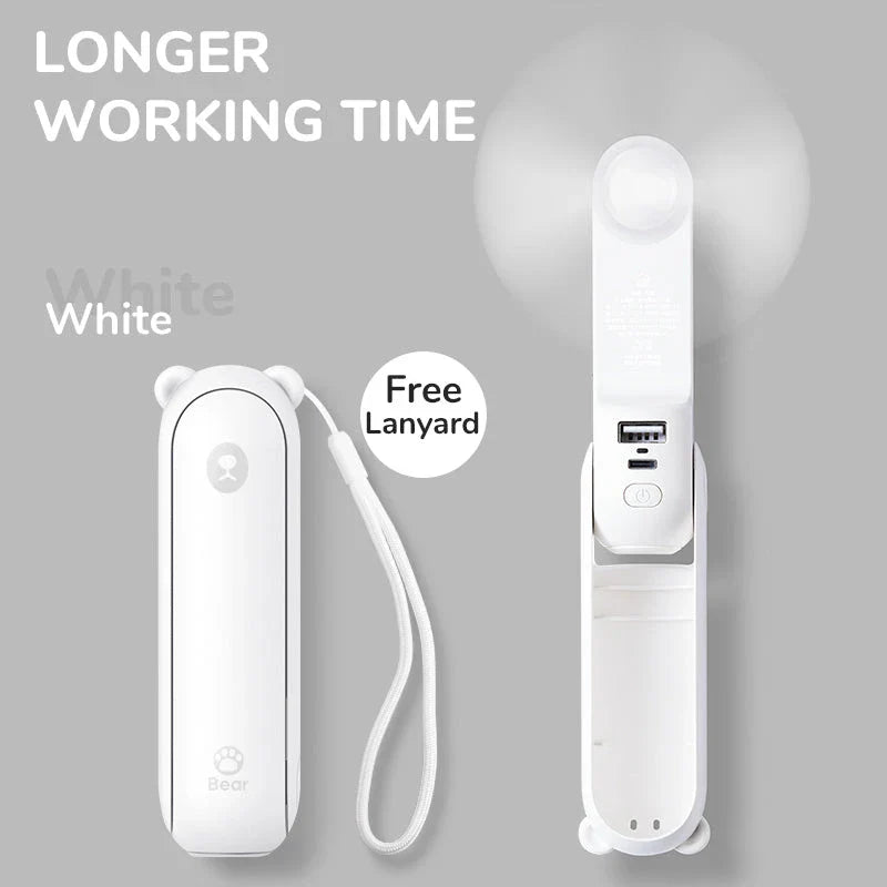 Portable Mini Handheld Fan with 4500mAh battery, 3 speed settings, power bank, and flashlight