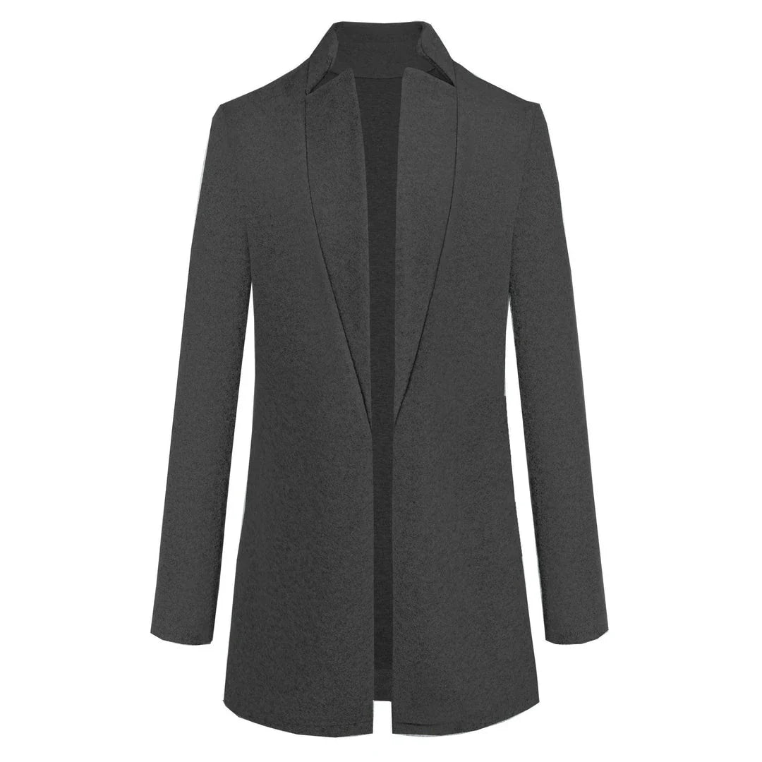 Premium British woollen coat with stand collar, featuring a sleek, slim-fit silhouette and subtle stitching details