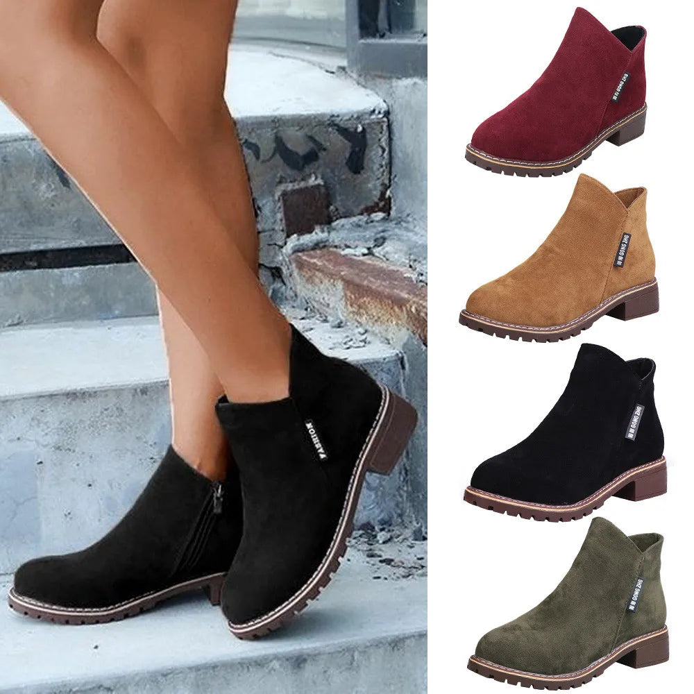 Pair of stylish low-heel frosted Martin boots in black, suitable for a variety of occasions in the UK