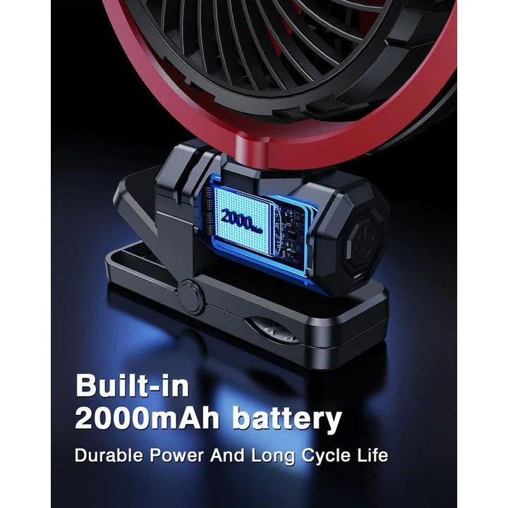 Portable Car Cooling Clamp Fan with 900° Rotatable Design, USB Rechargeable Battery, and Quiet Brushless Motor