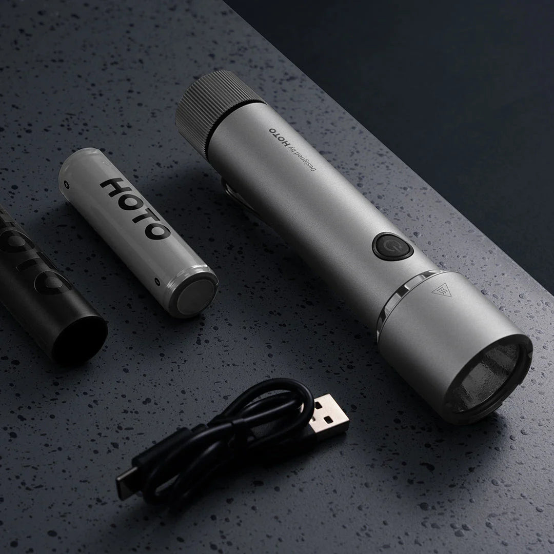 Powerful 2300 lumens tactical flashlight with durable aluminium alloy construction, waterproof design, and versatile functionality for outdoor activities and self-defence.