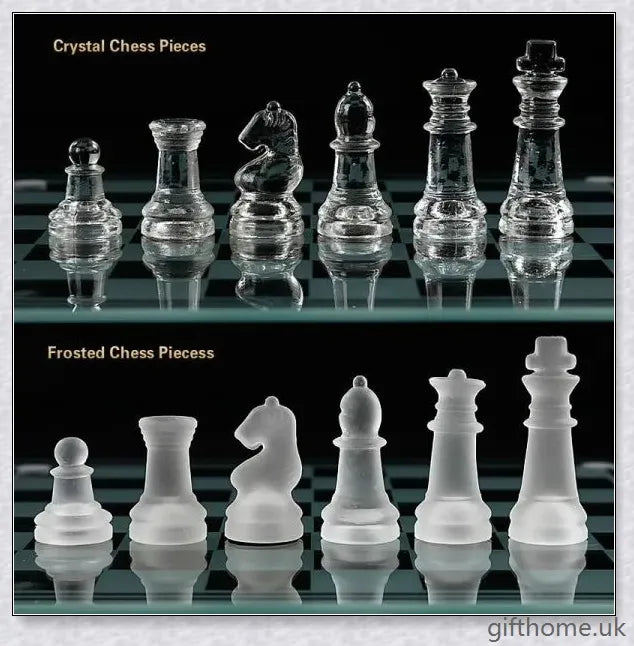 Acrylic Elegant Glass Chess Set with transparent board and frosted/clear glass pieces in small, medium and large sizes