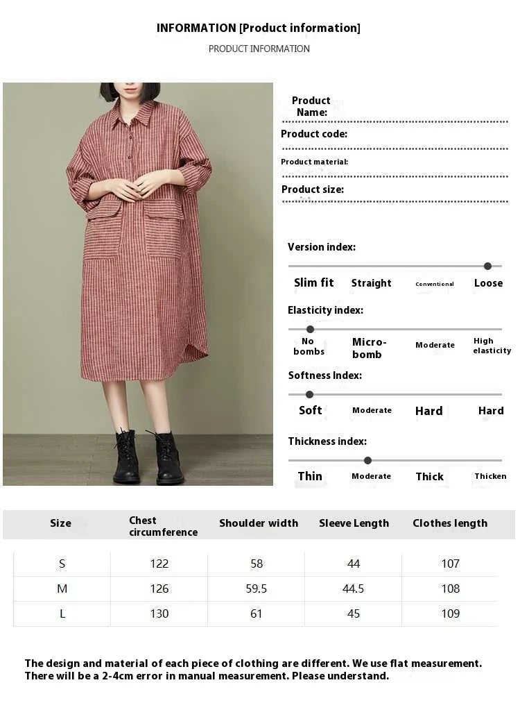 Plus-size women's dress with a striped pattern, asymmetric skirt, and long loose sleeves