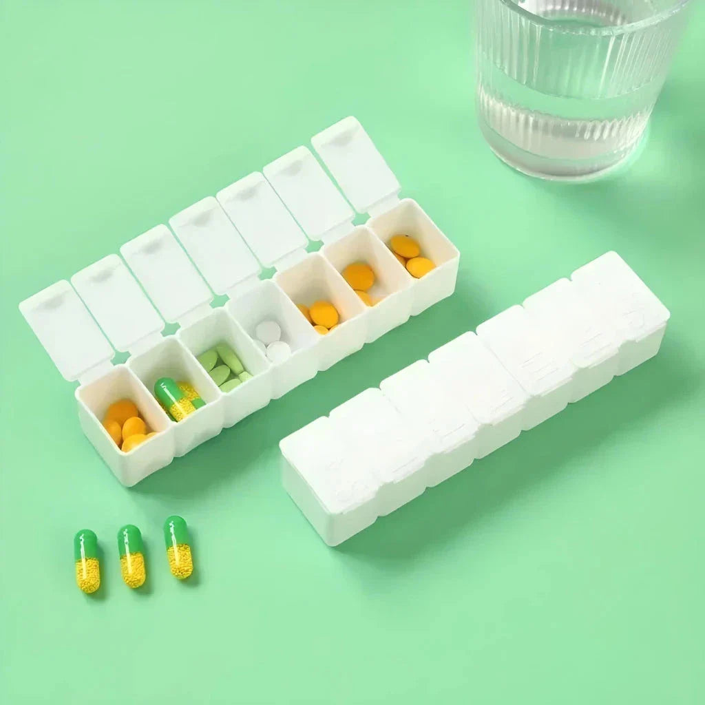 Colourful 7-day weekly pill organiser with clear compartments and lettering for easy medication management