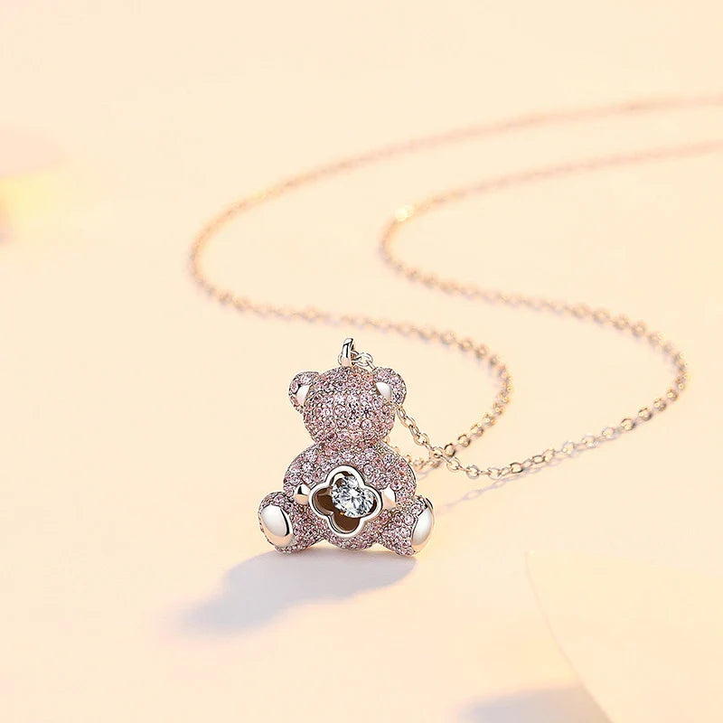 Clavicle chain necklace with a charming bear pendant and sparkling zircon stones, made from high-quality 925 sterling silver
