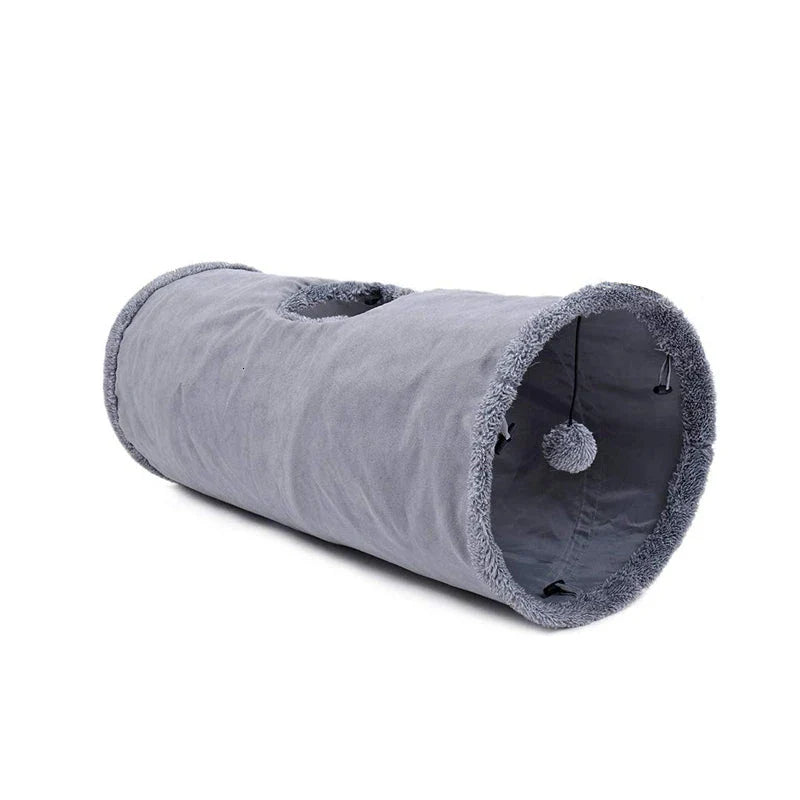 A collapsible cat tunnel made of crinkle suede with a peek-a-boo hole and dangling ball, providing a stimulating and entertaining play experience for cats.