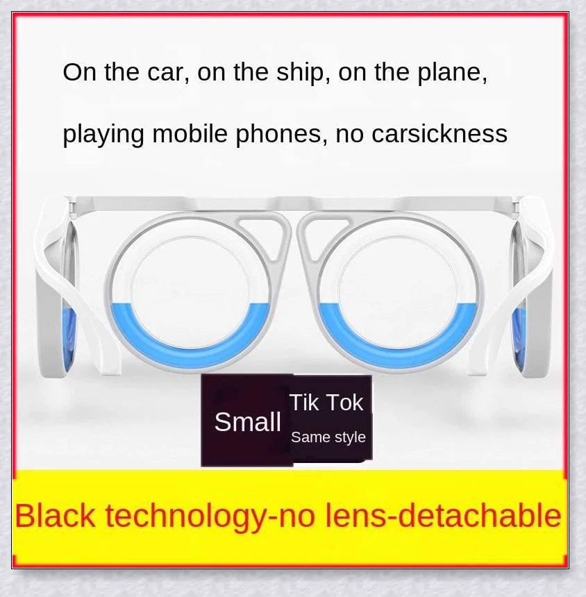 Anti-Motion Sickness Glasses with Boarding Ring technology for relief from nausea, dizziness, and vertigo during travel by car, boat, or plane
