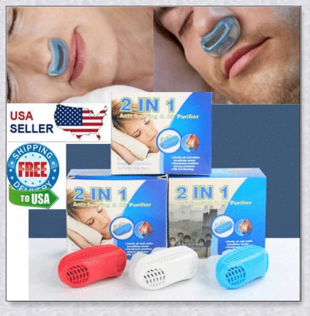 Maskless, cordless anti-snoring device for sleep apnea relief, featuring innovative air filtration system and compact, discreet design