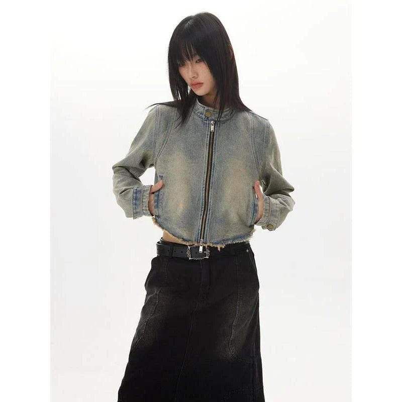 Retro Distressed Short Jacket with fur-trimmed sleeves, zipper closure, and chic O-neck design