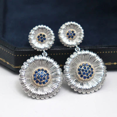 Long Small Daisy Stud Earrings in two-tone design for fashionable British women