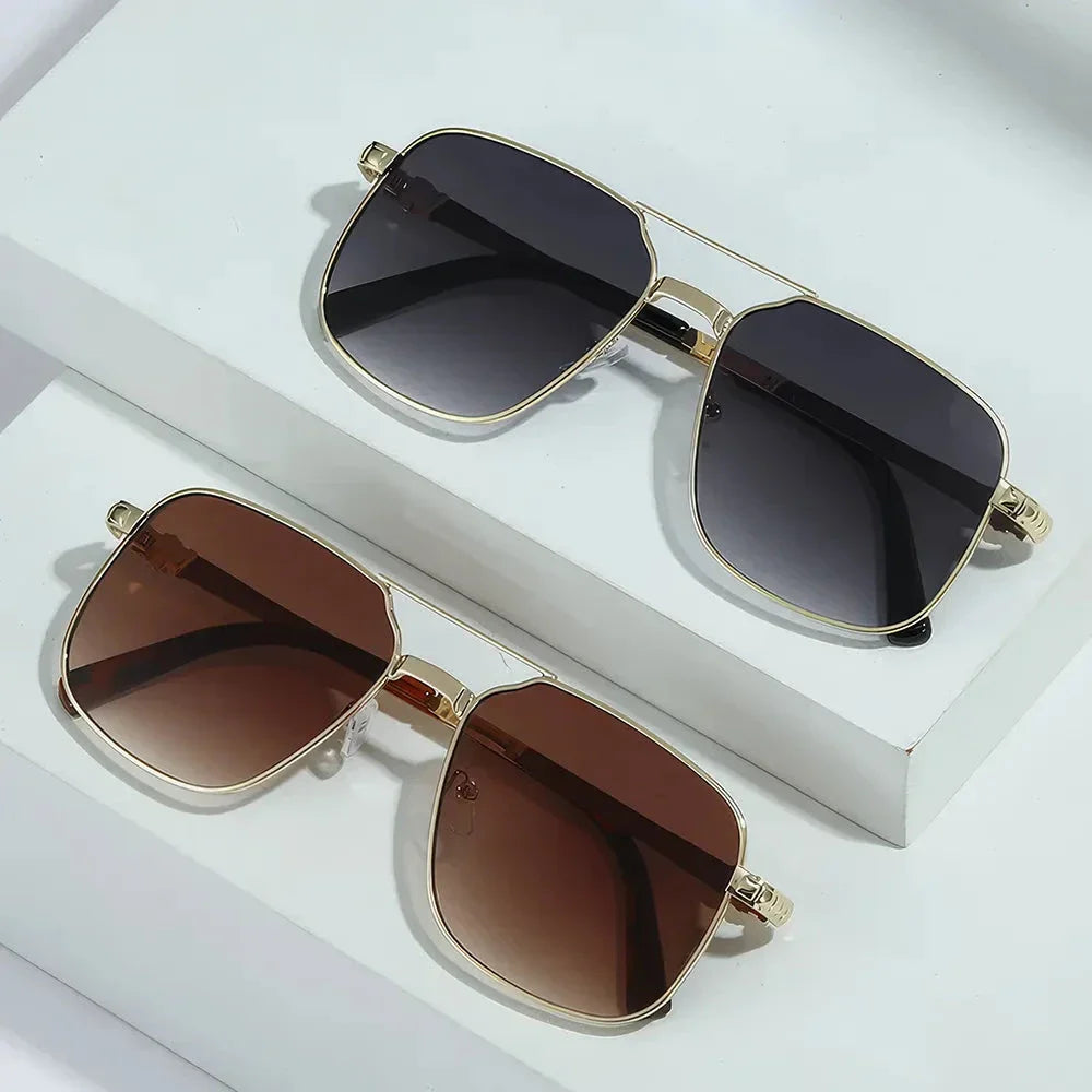 Trendy metal square frame sunglasses with vibrant yellow lenses and red gradient for a bold, modern look
