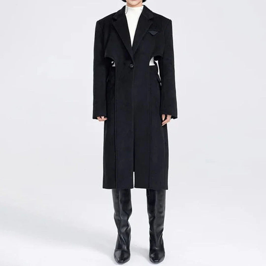 Elegant autumn-winter woollen overcoat with waist cut-out design, turn-down collar, and single-button closure