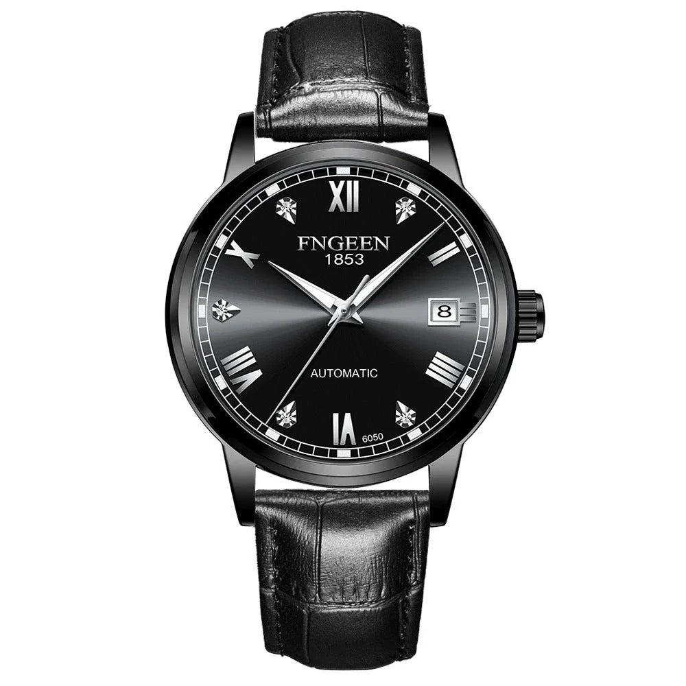 Premium automatic mechanical watch with leather strap, featuring a stainless steel case, luminous hands and markers, and a stylish British-inspired design
