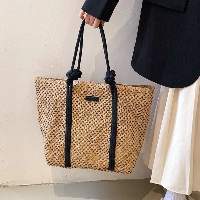 Premium large capacity woven straw beach tote in beige colour with stylish knitted pattern