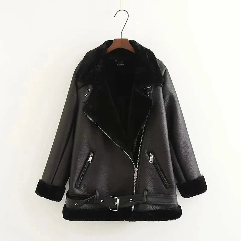 Stylish ladies' PU leather jacket with trendy belt in black colour