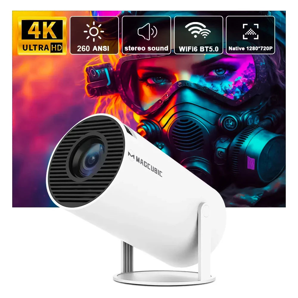 4K WiFi6 Portable Home Cinema Projector with Android 11, dual WiFi, and 260 ANSI lumens for brilliant visuals
