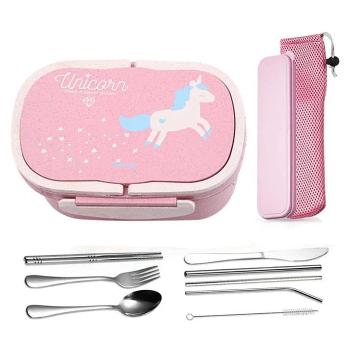 Cartoon unicorn-patterned lunch boxes with insulated lining and cutlery set, perfect for British professionals and families