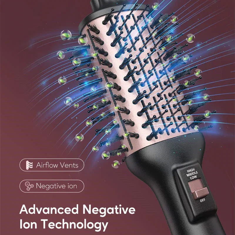 4-in-1 hot air styling brush with oval brush design for creating voluminous curls and reducing frizz