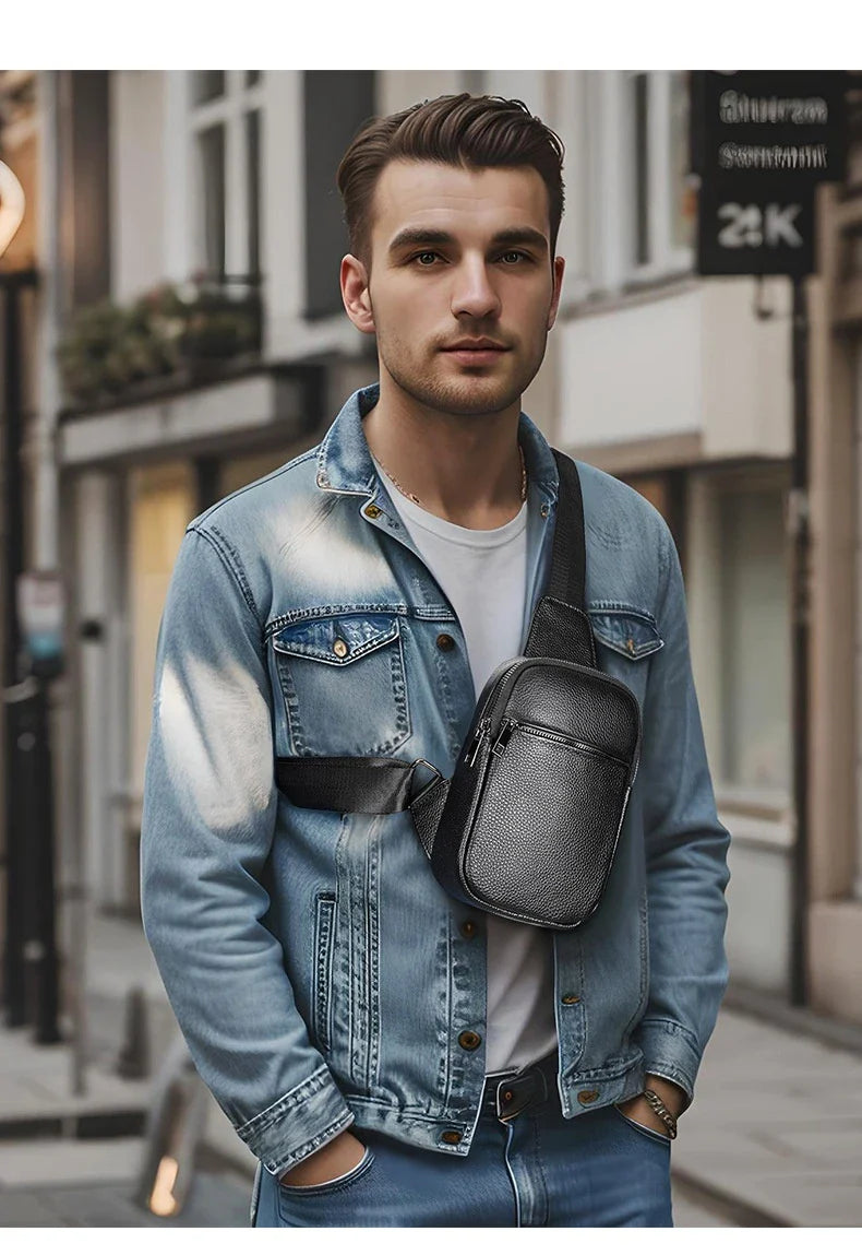 A premium genuine leather crossbody bag with an urban, minimalist design, perfect for everyday use and outdoor adventures.