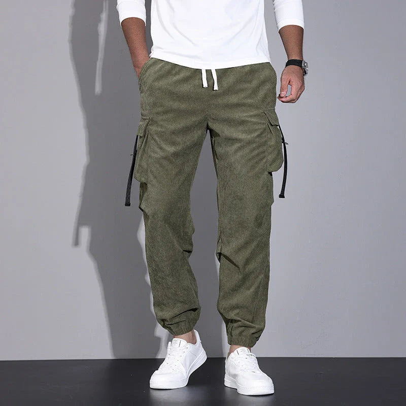 Premium British-inspired corduroy overalls with a relaxed, ankle-tied silhouette and stretchy, breathable fabric for all-day comfort and style.