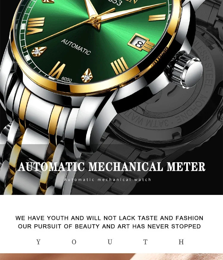 Premium automatic mechanical watch with leather strap, featuring a stainless steel case, luminous hands and markers, and a stylish British-inspired design