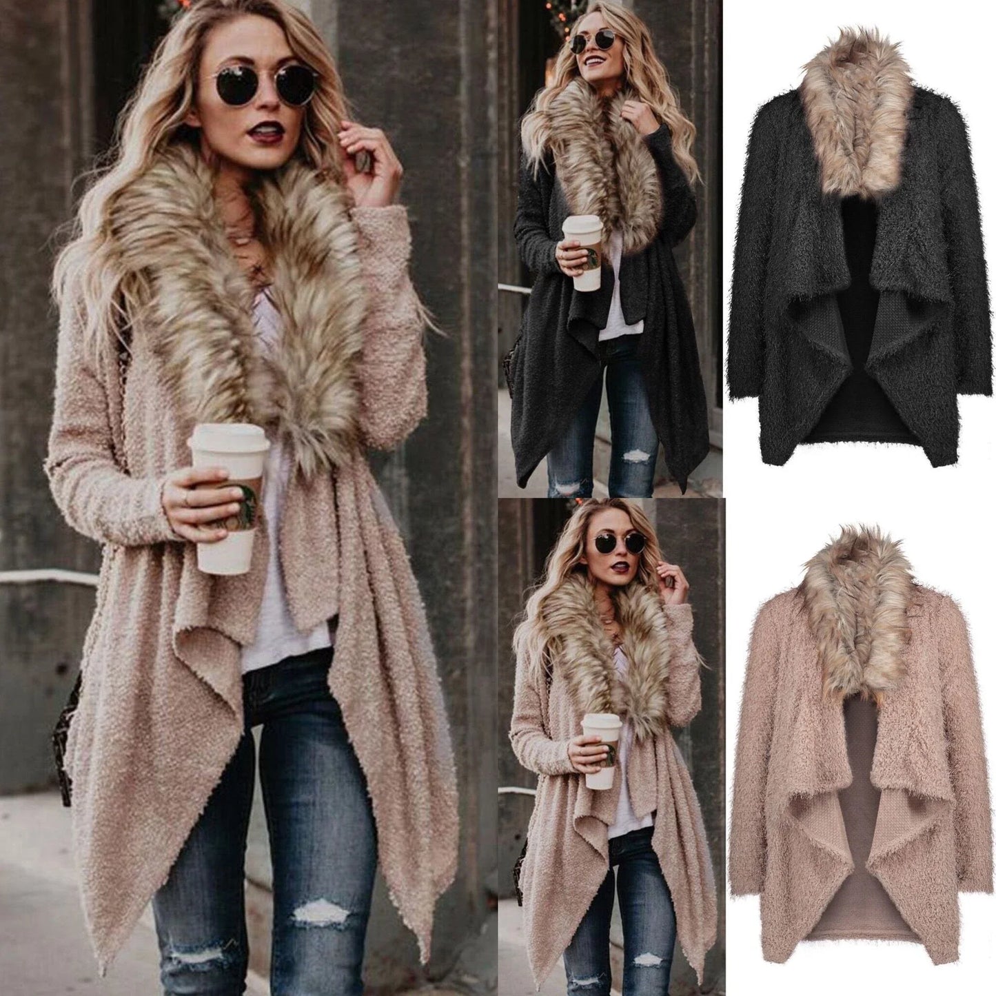 Premium plush trench coat with luxurious fur collar in khaki colour, perfect for transitional British weather