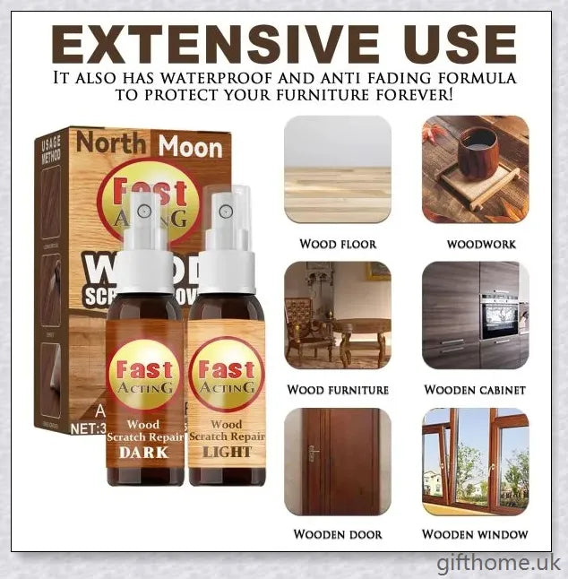 A bottle of premium wood scratch repair spray with a light and dark colour option for blending seamlessly with various wood tones.