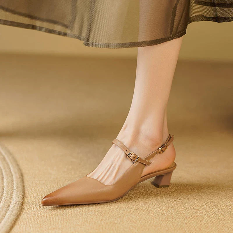 Elegant women's high heel sandals made from genuine leather with a stylish square heel and buckle strap closure