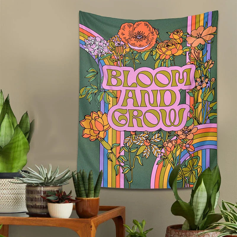 Vibrant 70s retro flower tapestry wall hanging with captivating floral design and rich, colourful pattern