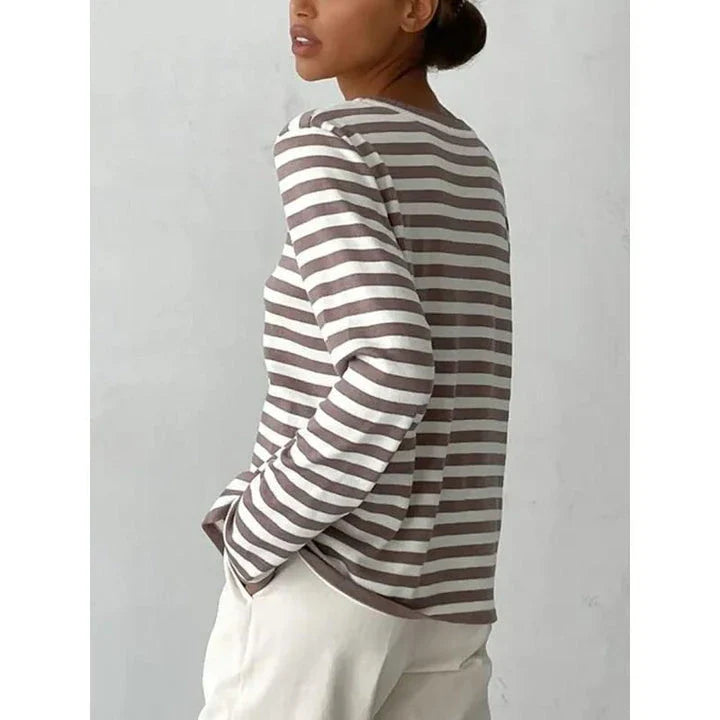 Autumnal knitted stripe jumper in a casual, relaxed style suitable for women during the autumn and winter seasons