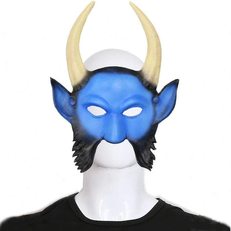 A chilling Halloween mask with long, twisted horns and a fearsome, ghostly expression, crafted from premium acrylic materials.