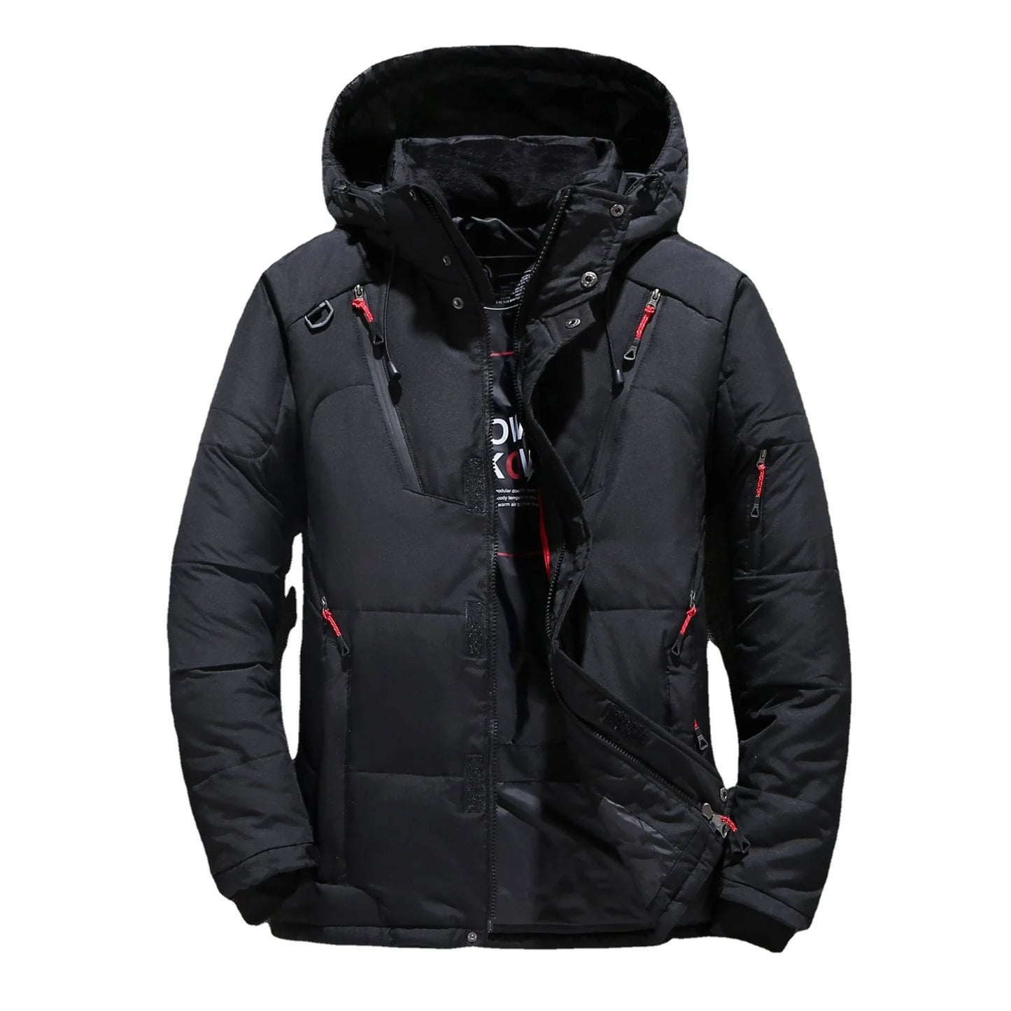 Men's premium white duck down insulated winter jacket with multiple pockets, adjustable hood and cuffs, designed for warmth and style.
