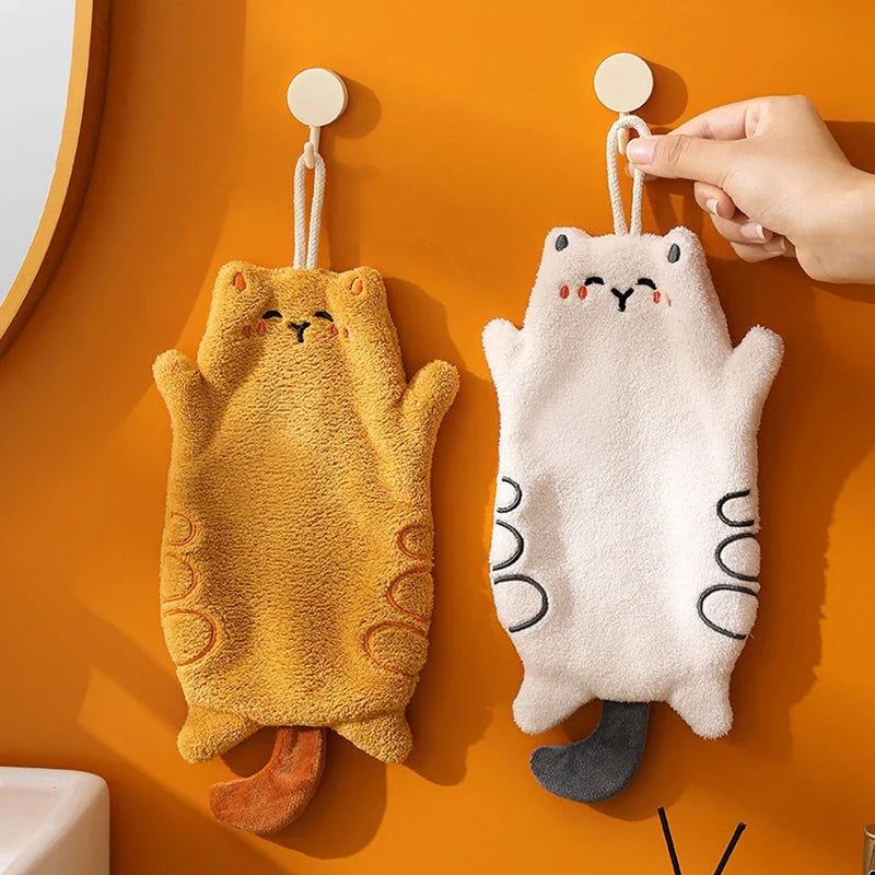 Soft, absorbent coral velvet cat-shaped hand towel with convenient hanging lanyard