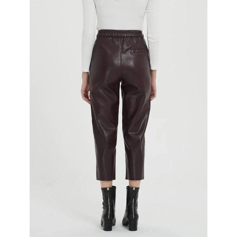 Pair of high-waisted, ankle-length faux leather trousers in a classic brown colour