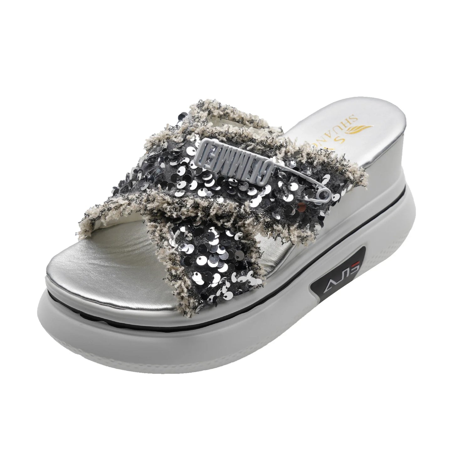 Premium black sequin sponge cake wedge sandals with a fashionable fish-mouth toe design and thick, supportive rubber sole