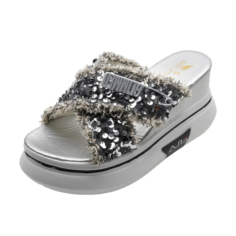 GiftHome UK Premium Black Sequin Sponge Cake Wedge Sandals - Stylish UK Footwear