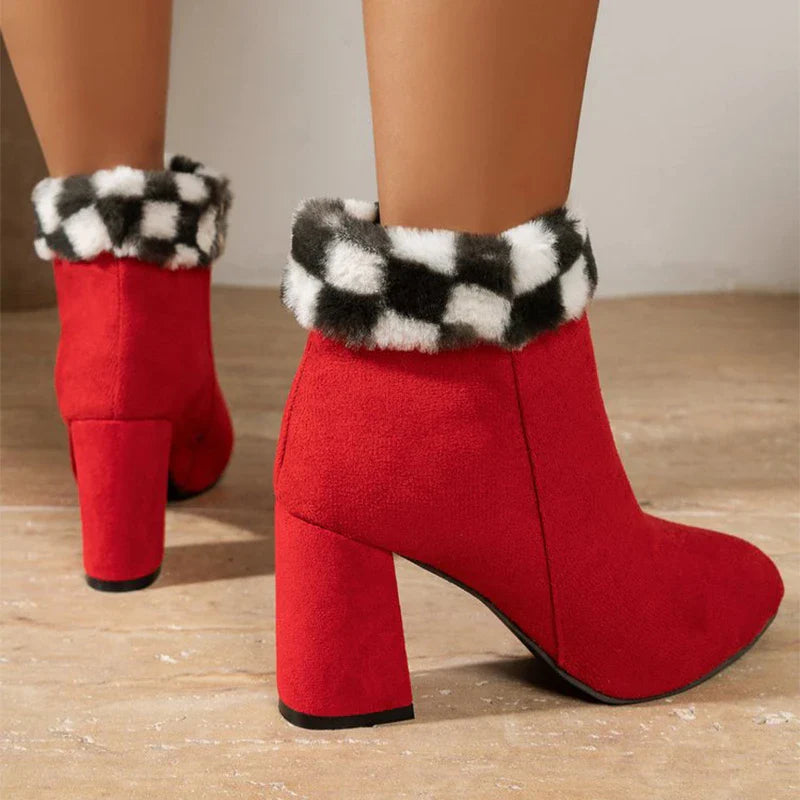 Premium plaid print ankle boots with a cosy lining, sturdy square heel, and versatile design for stylish winter wear