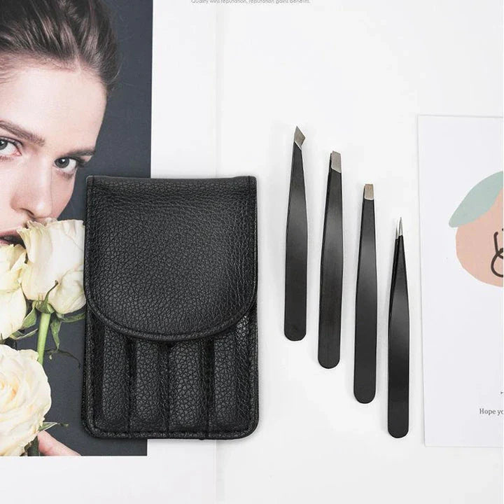 Premium 4-Piece Eyebrow Grooming Set with Precision Tweezers for Brow Shaping and Lash Application