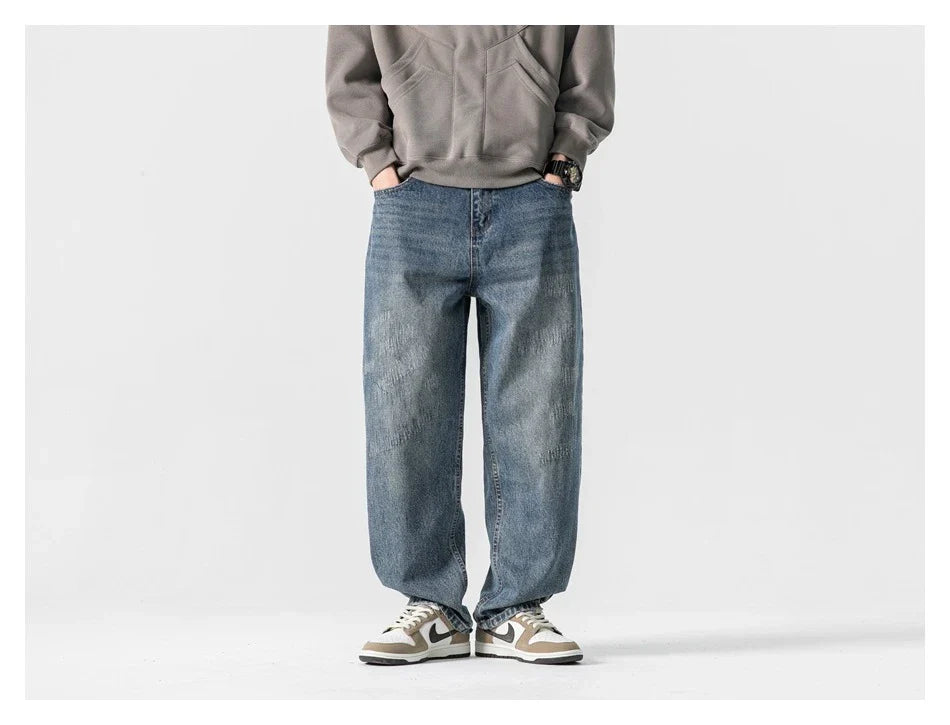 Autumn New Retro Loose Jeans in dark blue colour with straight-leg silhouette and premium cotton fabric