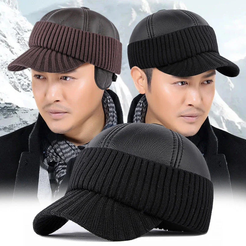 Men's Winter Baseball Cap with Leather Earflaps in Brown Colour