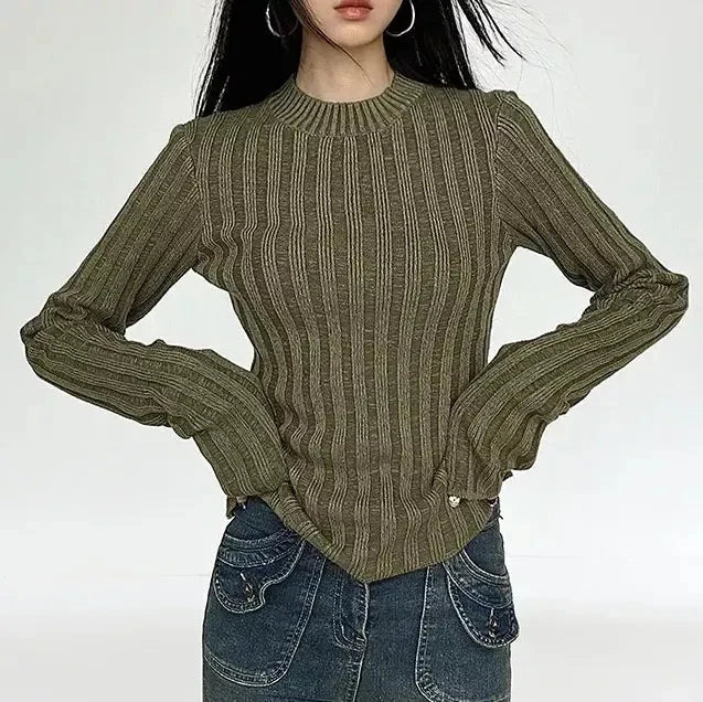 Women's Stylish Round Neck Long Sleeve Slim Fit Knitted Jumper in Green