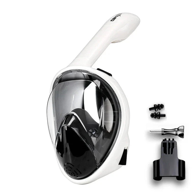 Premium full face anti-fog snorkel mask with wide 180-degree viewing and adjustable camera mount